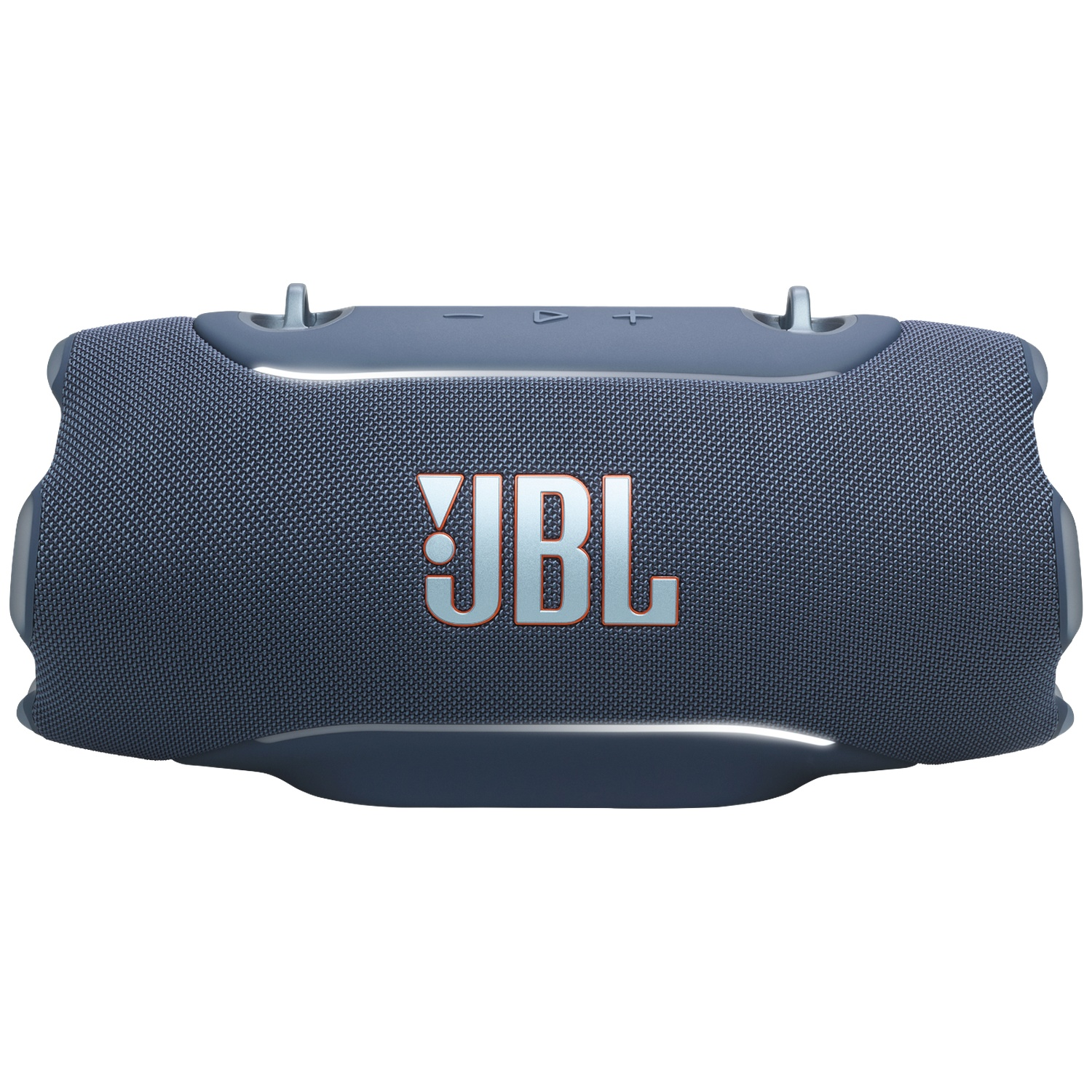 Une enceinte Bluetooth JBL bleue avec une poignée et des boutons de commande dessus.