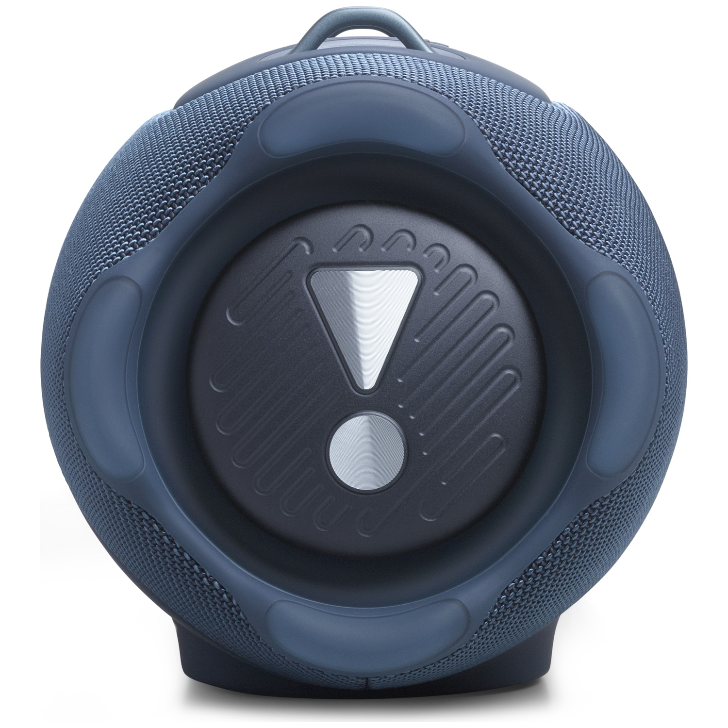 Enceinte ronde bleu foncé avec emblème gris et tissu grillagé.