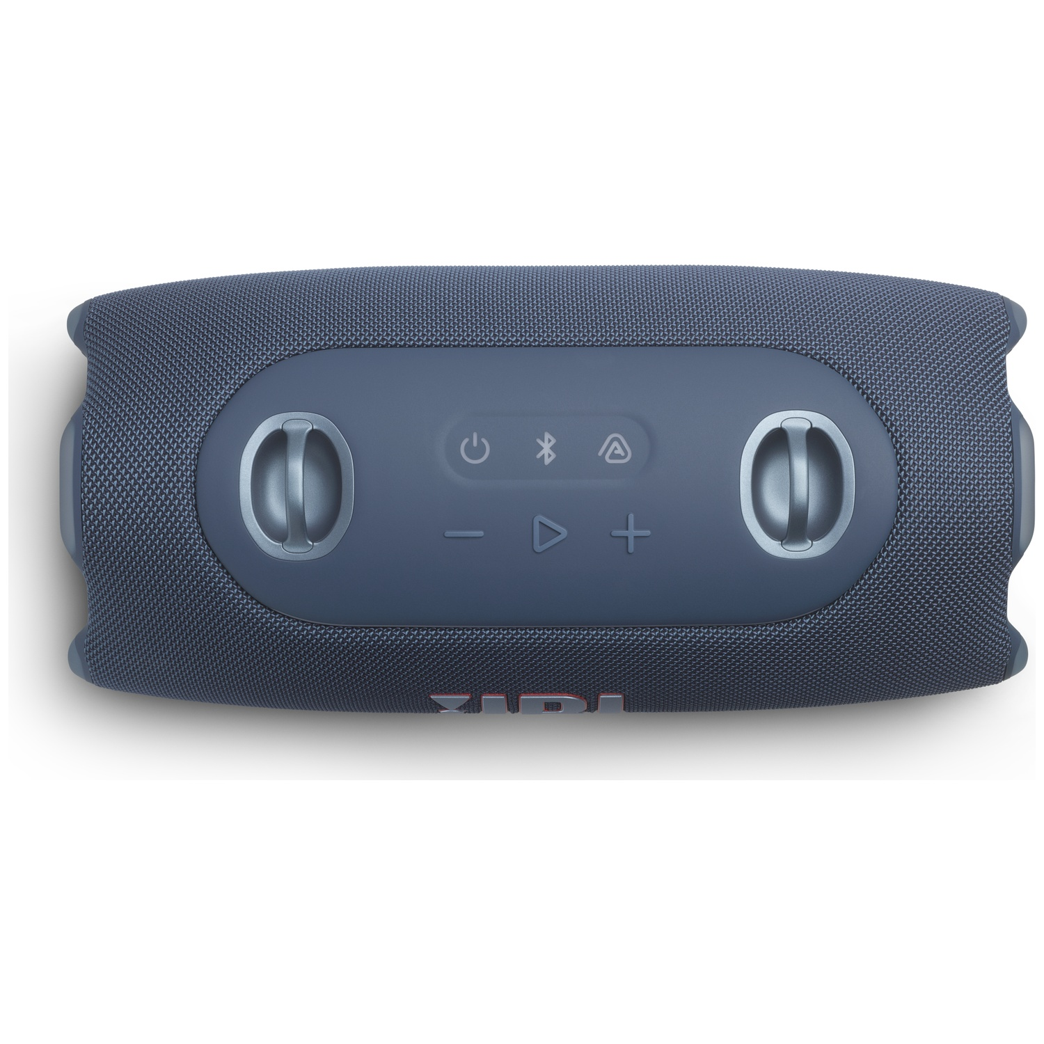 Enceinte Bluetooth JBL bleu foncé avec commandes sur le dessus.
