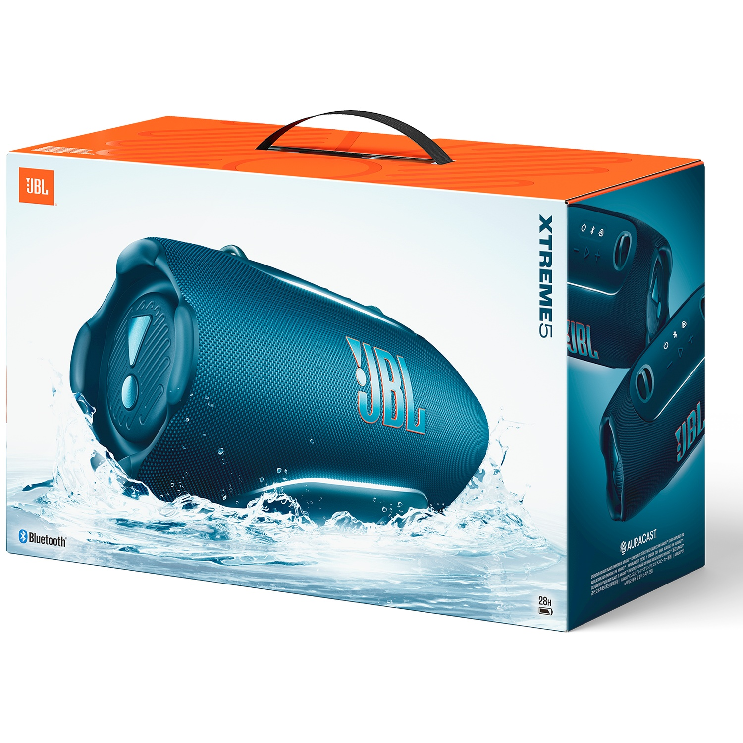 Boîte d'enceinte JBL Xtreme 5 bleue, éclaboussant dans l'eau.
