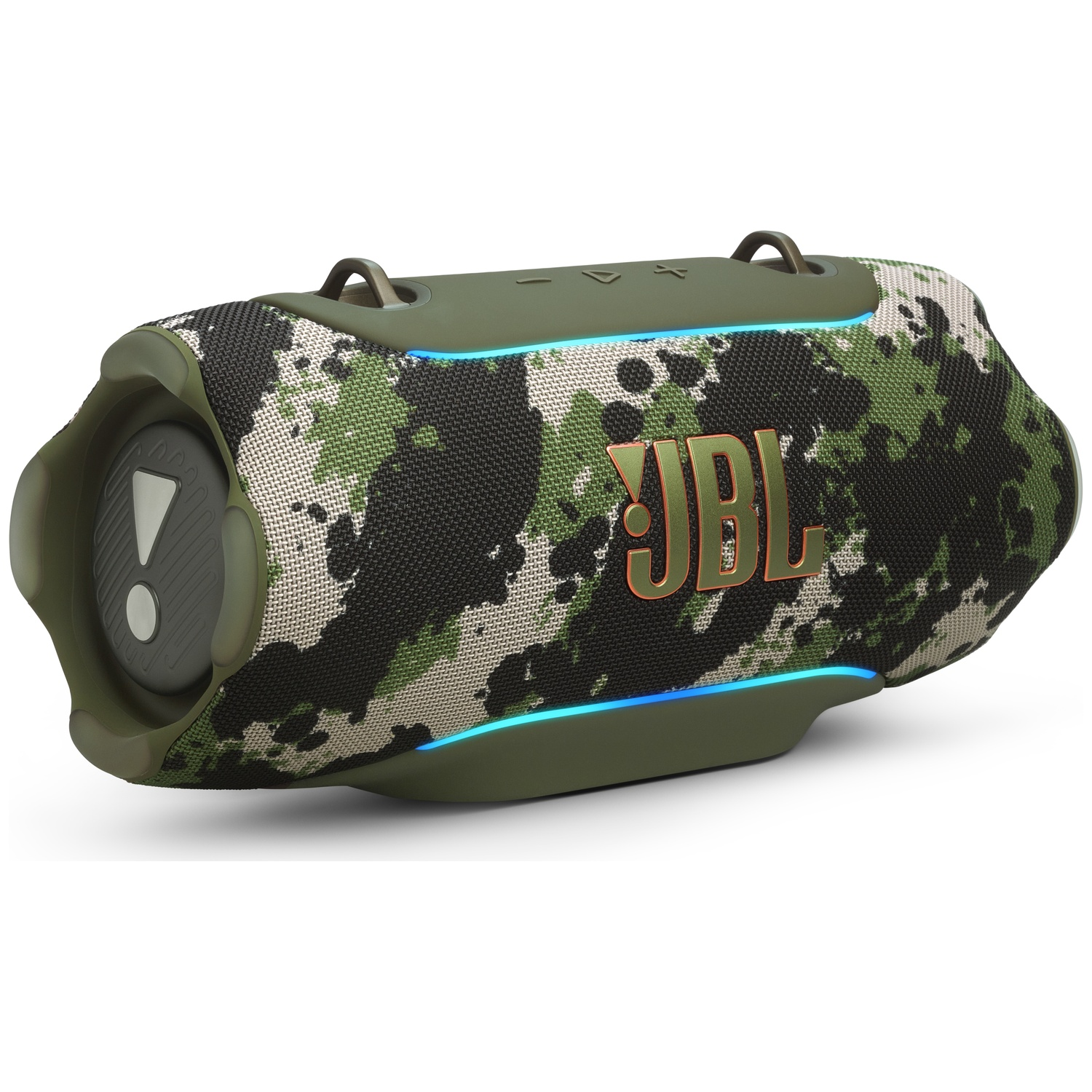 Camouflage JBL speaker met blauwe lichtstrip, op witte achtergrond.