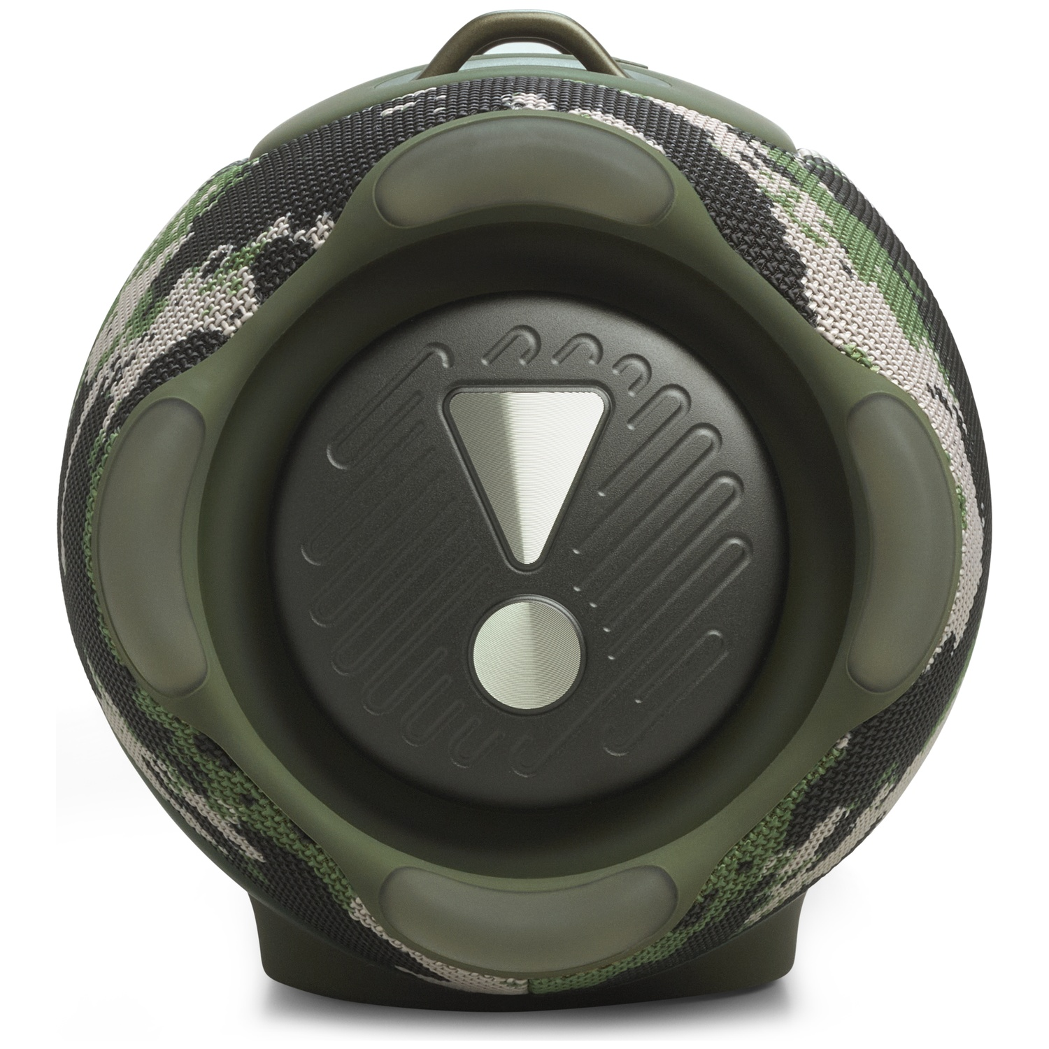 Camouflage luidspreker met rubberen handgrepen en een centraal logo.