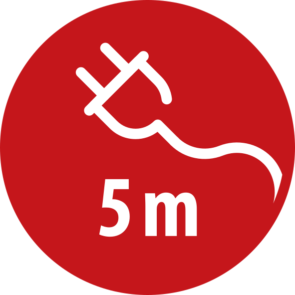 Roter Kreis mit weißem Stecker-Symbol und der Angabe 5 m.