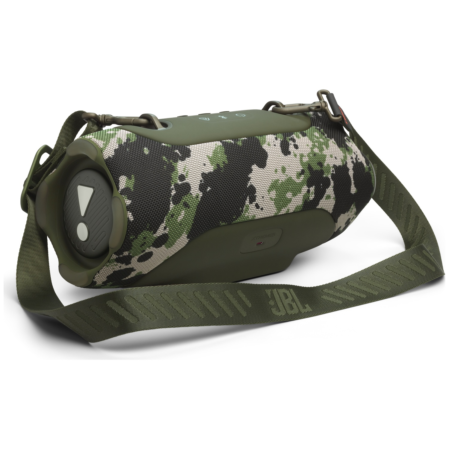 Groene camouflage Bluetooth speaker met band, JBL logo.