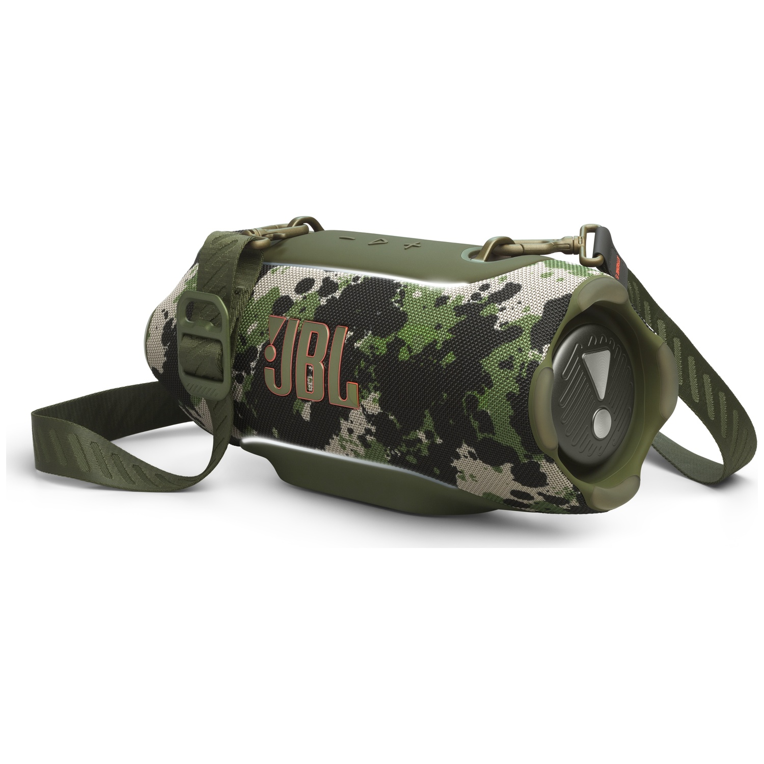 Groene camouflage luidspreker met riem. JBL-logo zichtbaar.
