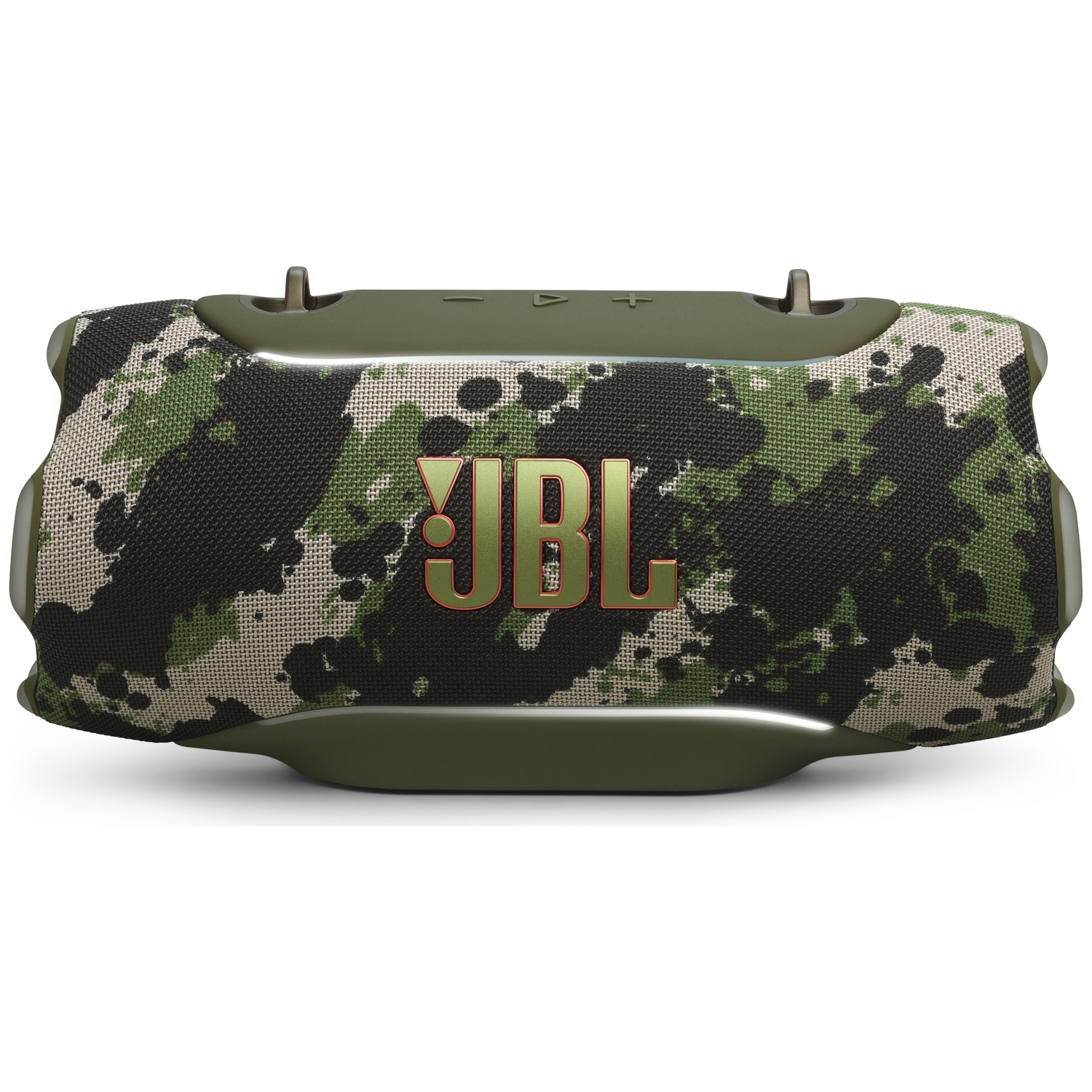Groene camouflage luidspreker met JBL-logo op witte achtergrond.
