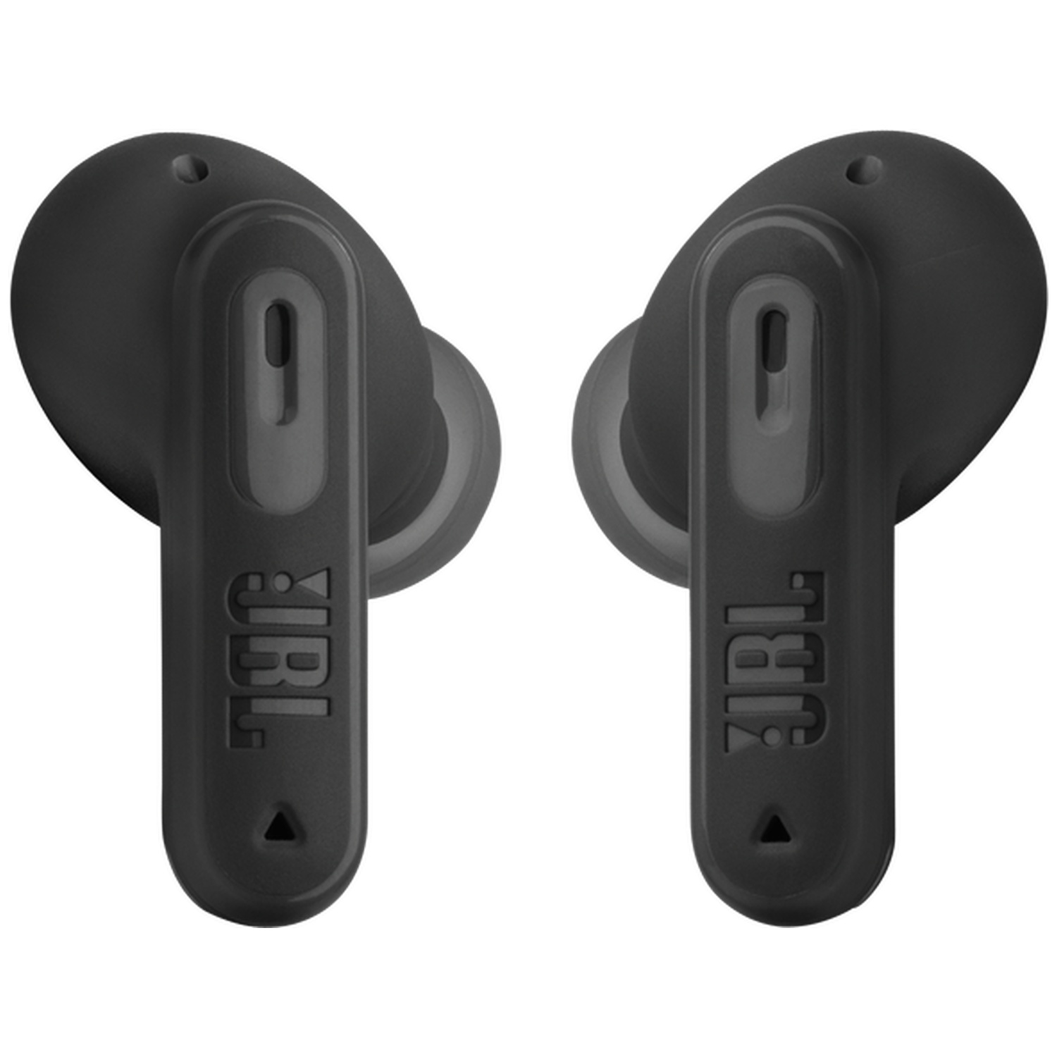Two black JBL earbuds side by side on a white background.