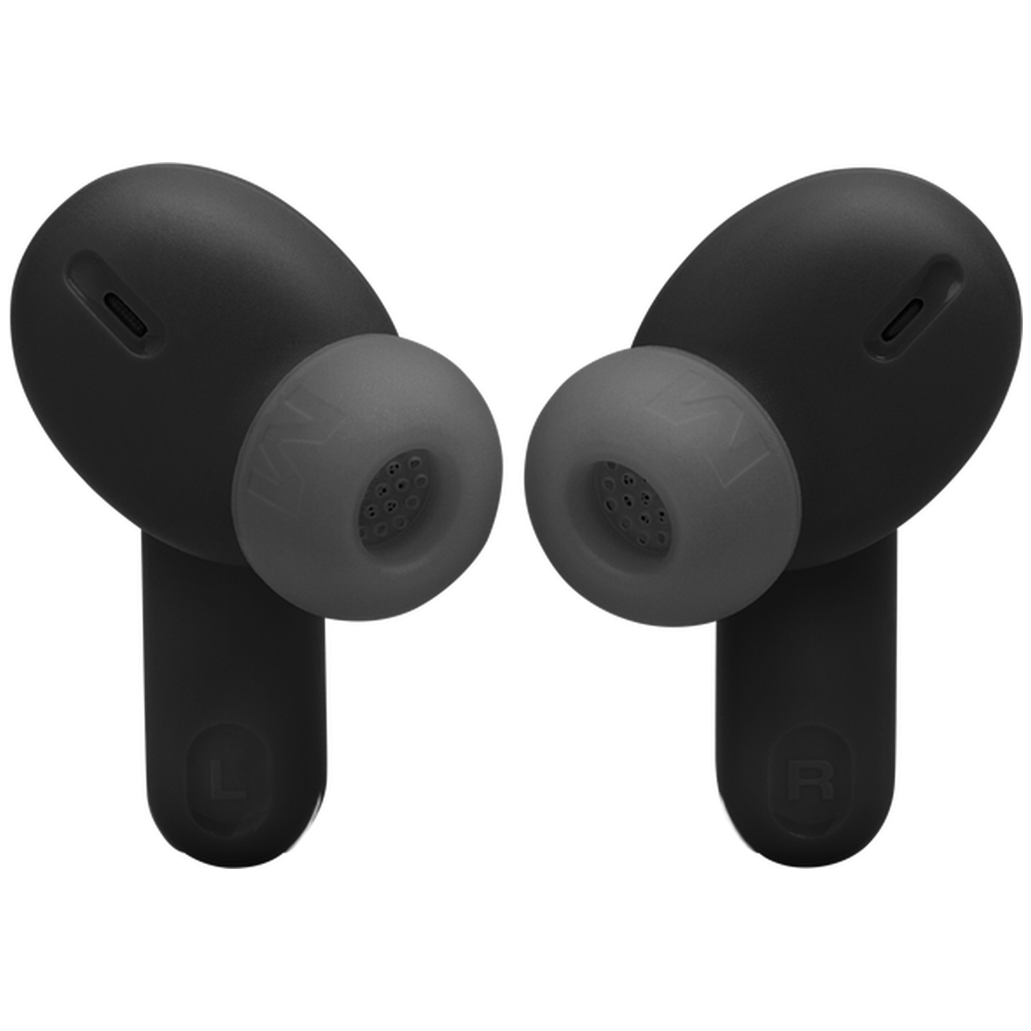 Two black wireless earbuds with gray tips, white background.