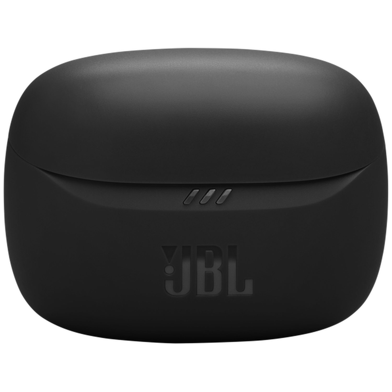 A closed black charging case with the JBL logo and three indicator lights.