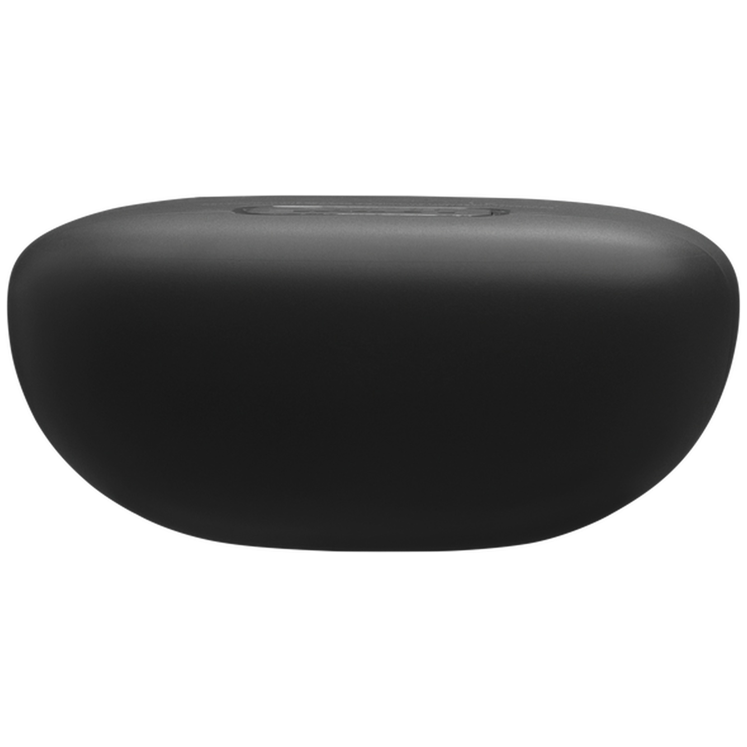 A black, rounded charging case for earbuds against a white background.