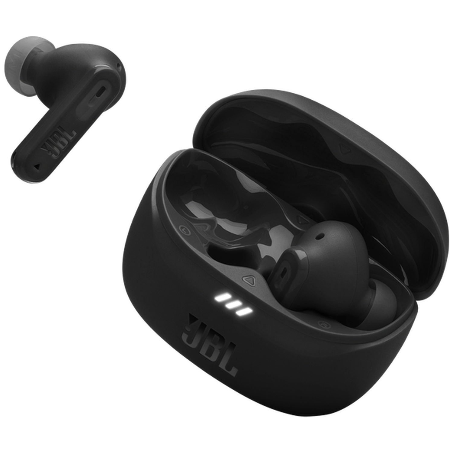 Black JBL earbuds, one in case and one beside it.