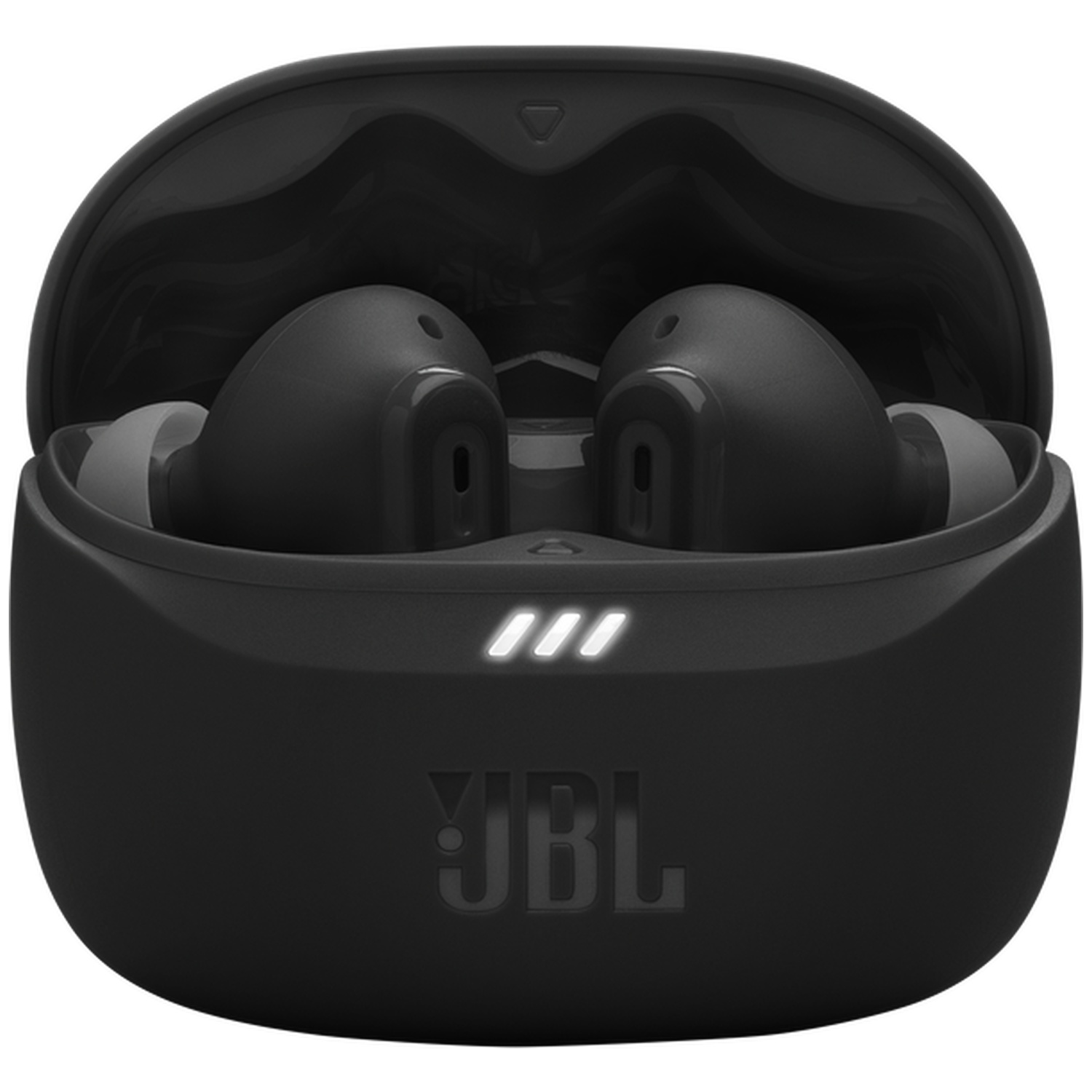 Black wireless earbuds in a charging case with JBL logo and charge indicators.
