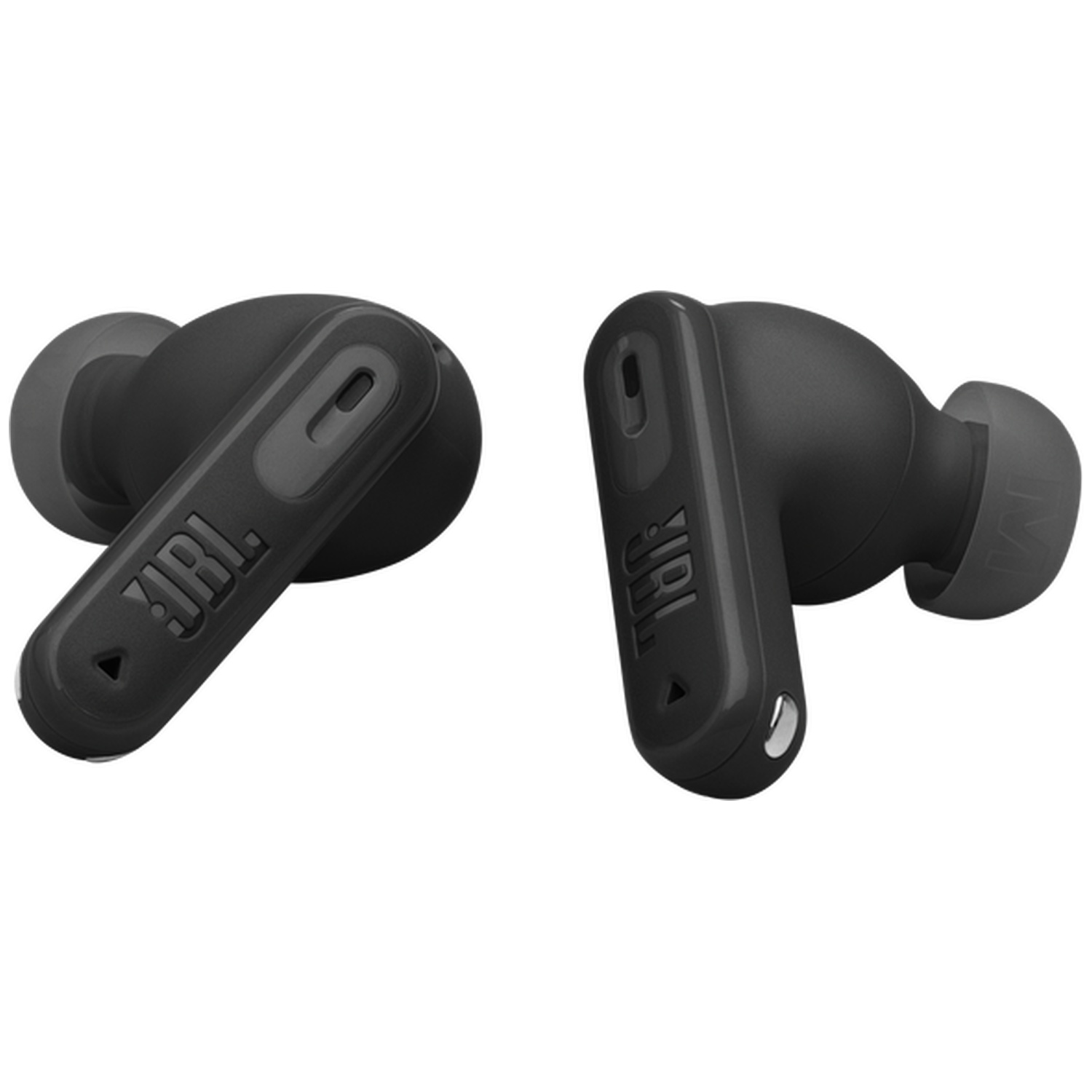 Two black JBL earbuds with ear tips on a white background.