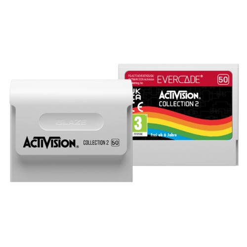 Dos cartuchos de videojuegos, uno blanco con "Activision Collection 2" y otro con rayas arcoíris.