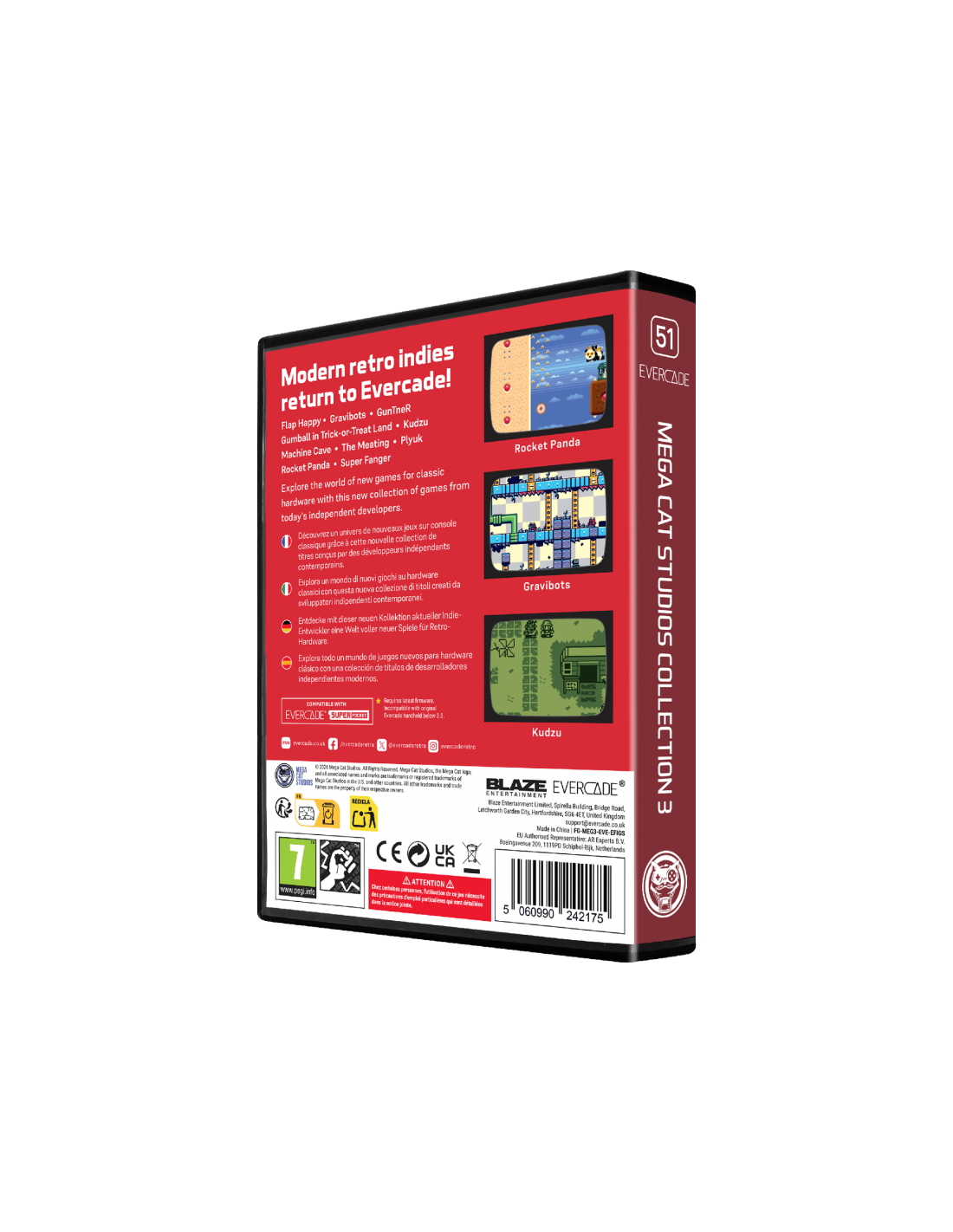 Respaldo de caja de juego Evercade con lista de títulos y capturas.