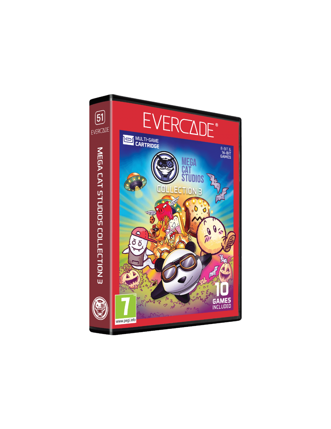 Juego Evercade "Mega Cat Studios Collection 3" con personajes de dibujos animados y "10 Games Included".