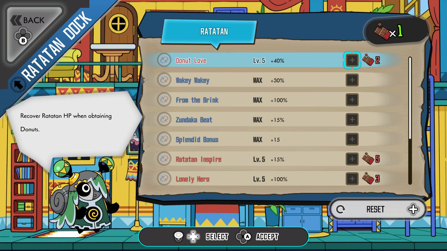 Menú del juego que muestra habilidades, opciones y objetos de Ratatan.