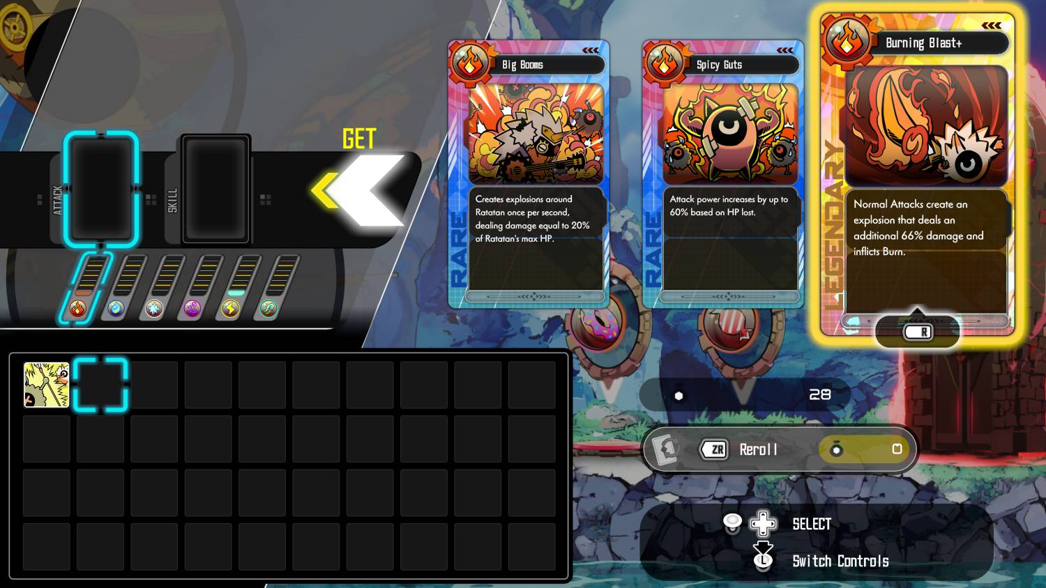 Pantalla de juego mostrando cartas e inventario. Cartas de ataque y habilidad visibles.