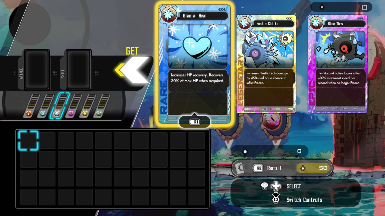 Pantalla de juego con cartas: Glacial Heal, Hustle Chill+, Slow Thaw. Opciones: GET, R1, R2 Reroll, SELECT, Switch Controls.