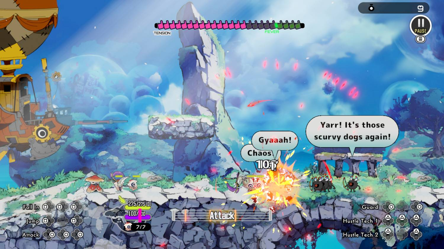 Escena de combate de anime con personajes, dirigible y rocas flotantes.