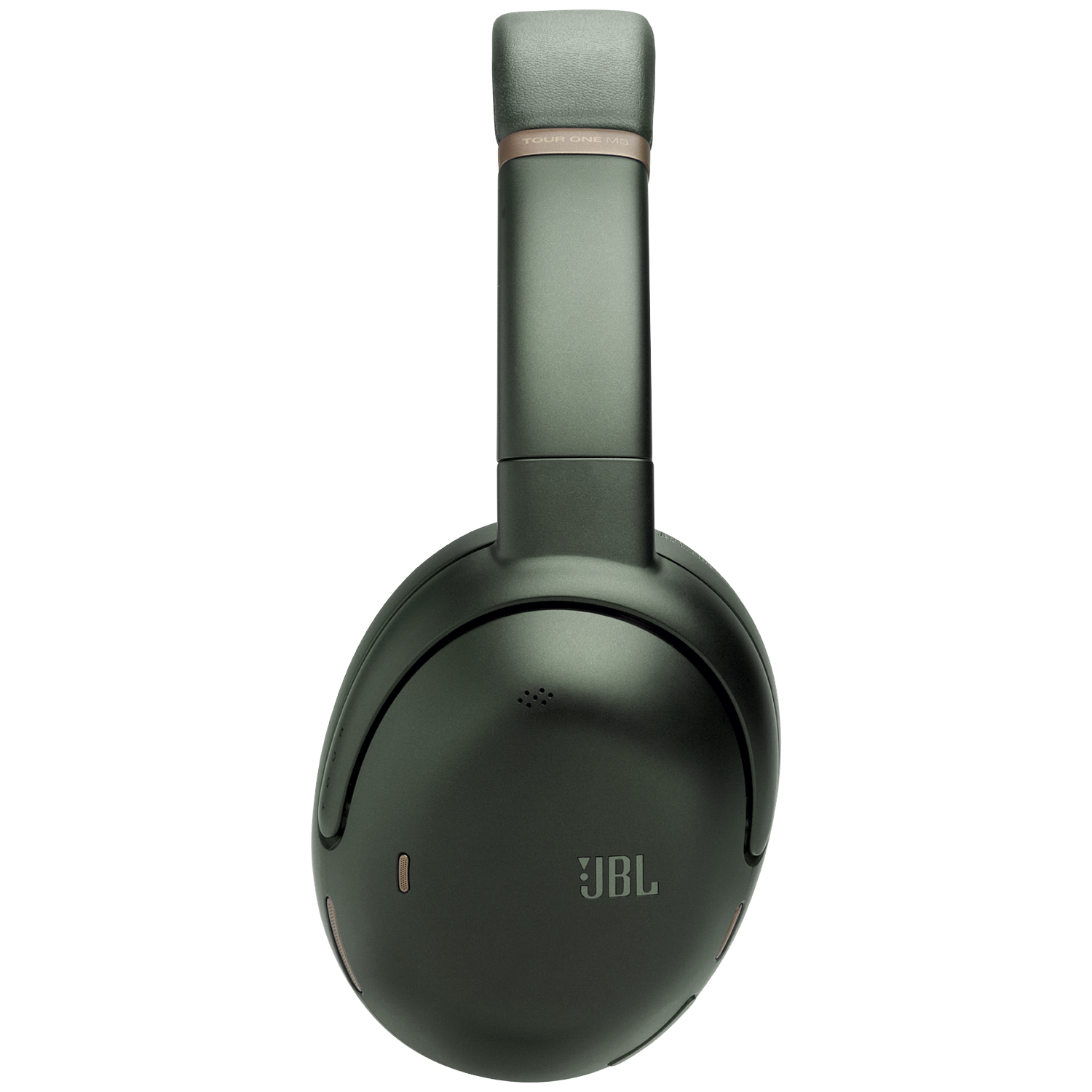 Donkergroene JBL koptelefoon met gouden accenten, op zwarte achtergrond.