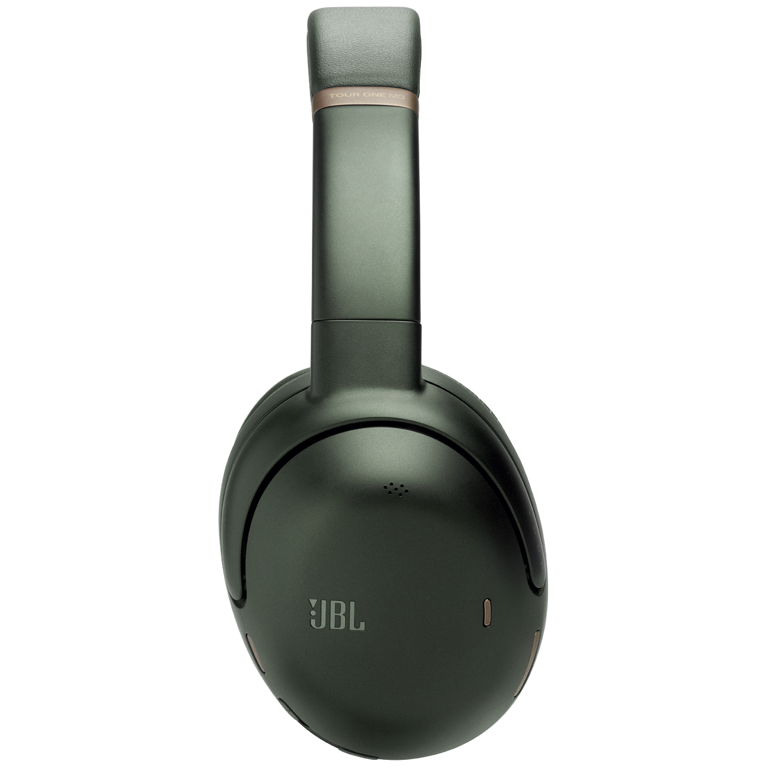 Groene JBL koptelefoon met gouden accenten op zwarte achtergrond.