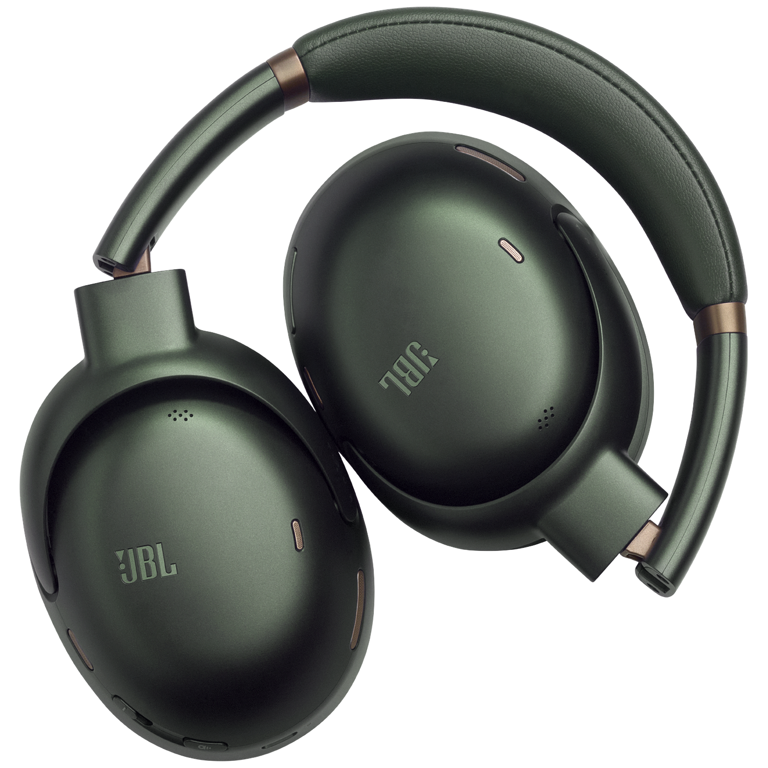 Donkergroene koptelefoon met JBL-logo, op zwarte achtergrond.