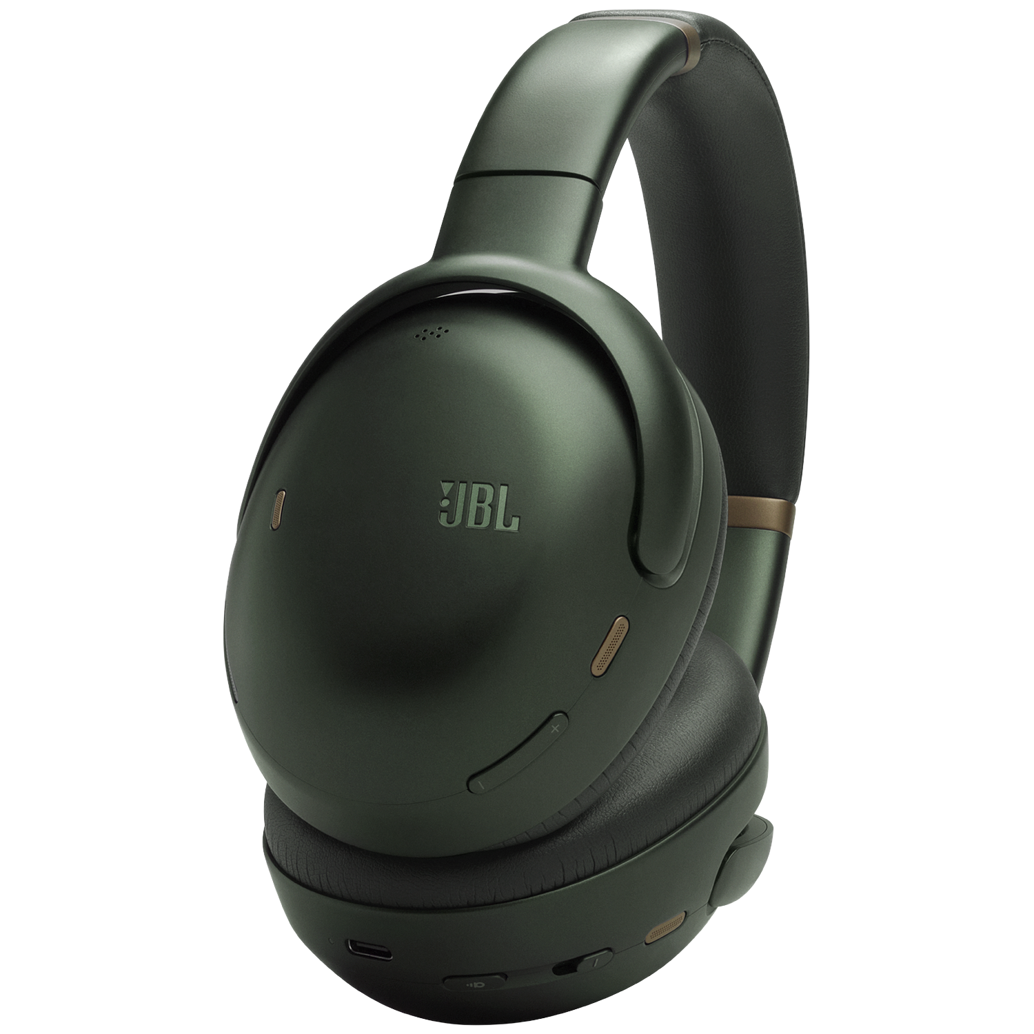 Donkergroene JBL koptelefoon met gouden accenten, op zwarte achtergrond.