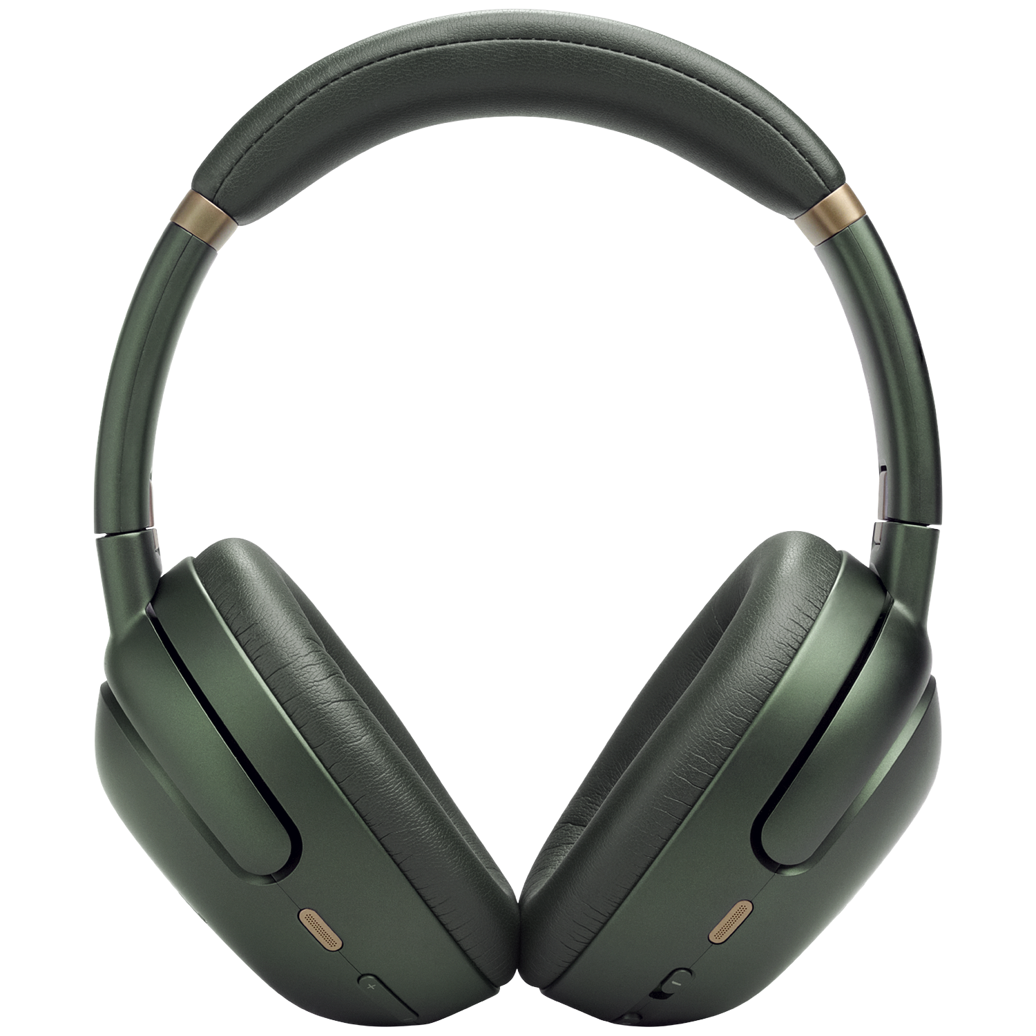 Donkergroene over-ear koptelefoon met gouden accenten op zwarte achtergrond.