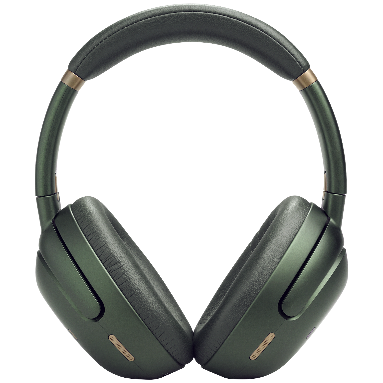 Groene over-ear koptelefoon met gouden accenten op zwarte achtergrond.