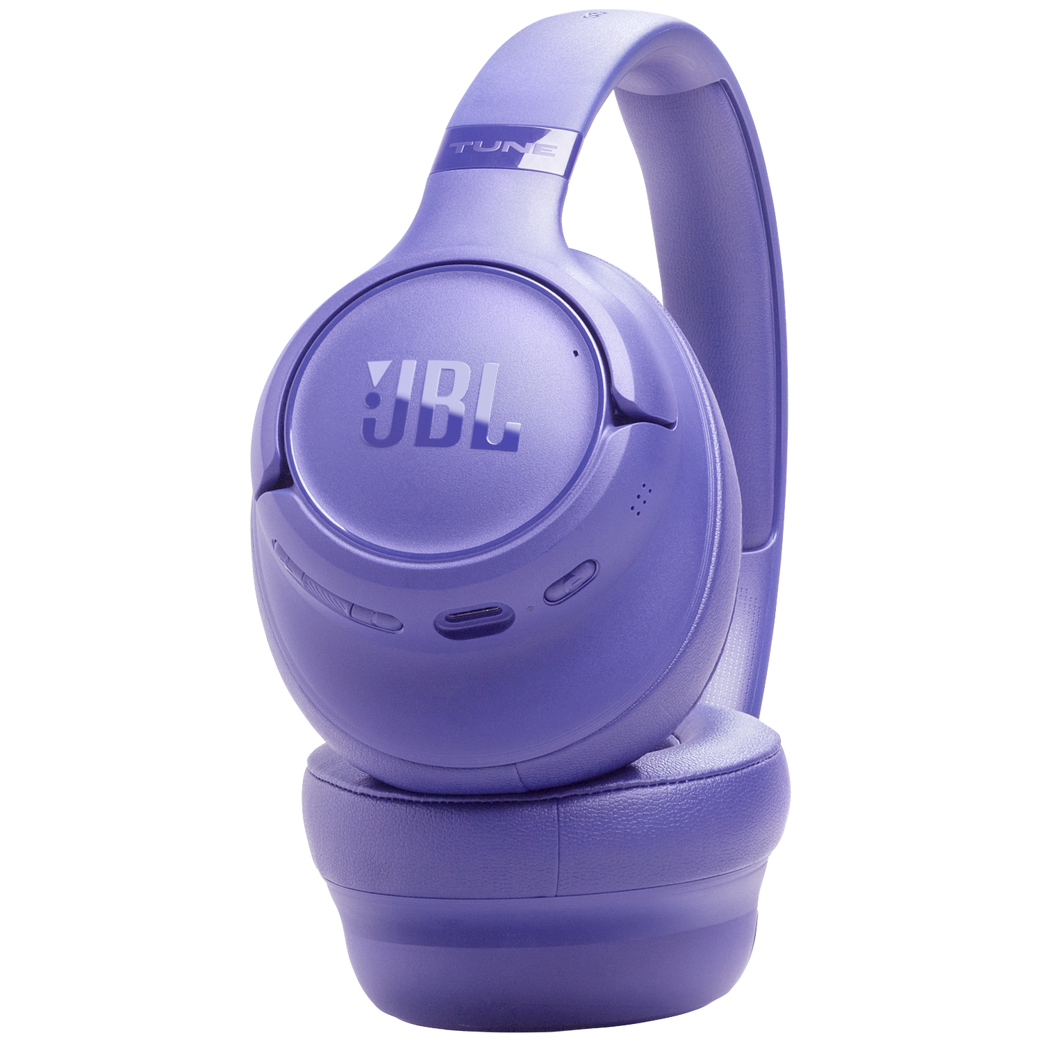 Paarse JBL koptelefoon met oorkappen en hoofdband, tegen zwarte achtergrond.