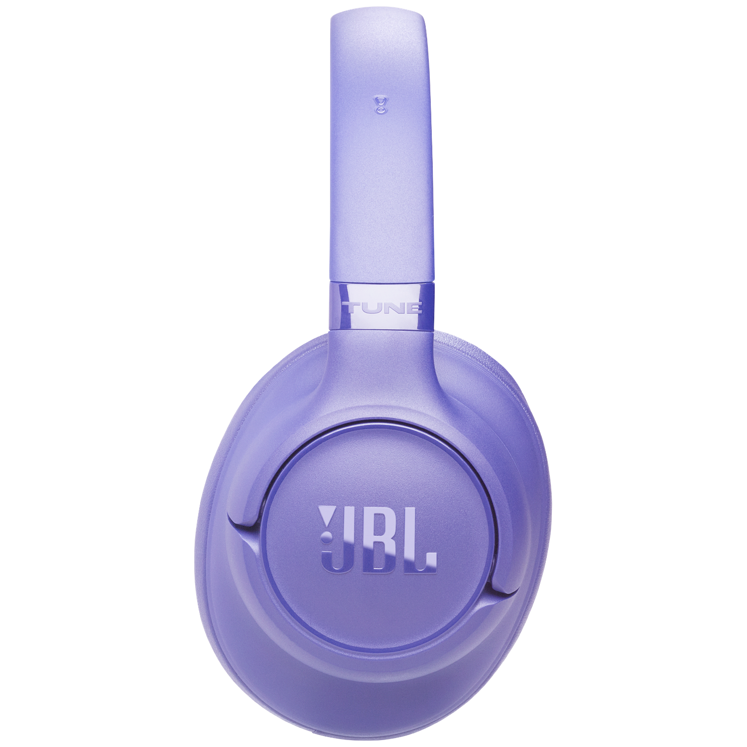 Paarse JBL koptelefoon met zilveren tekst op zwarte achtergrond.