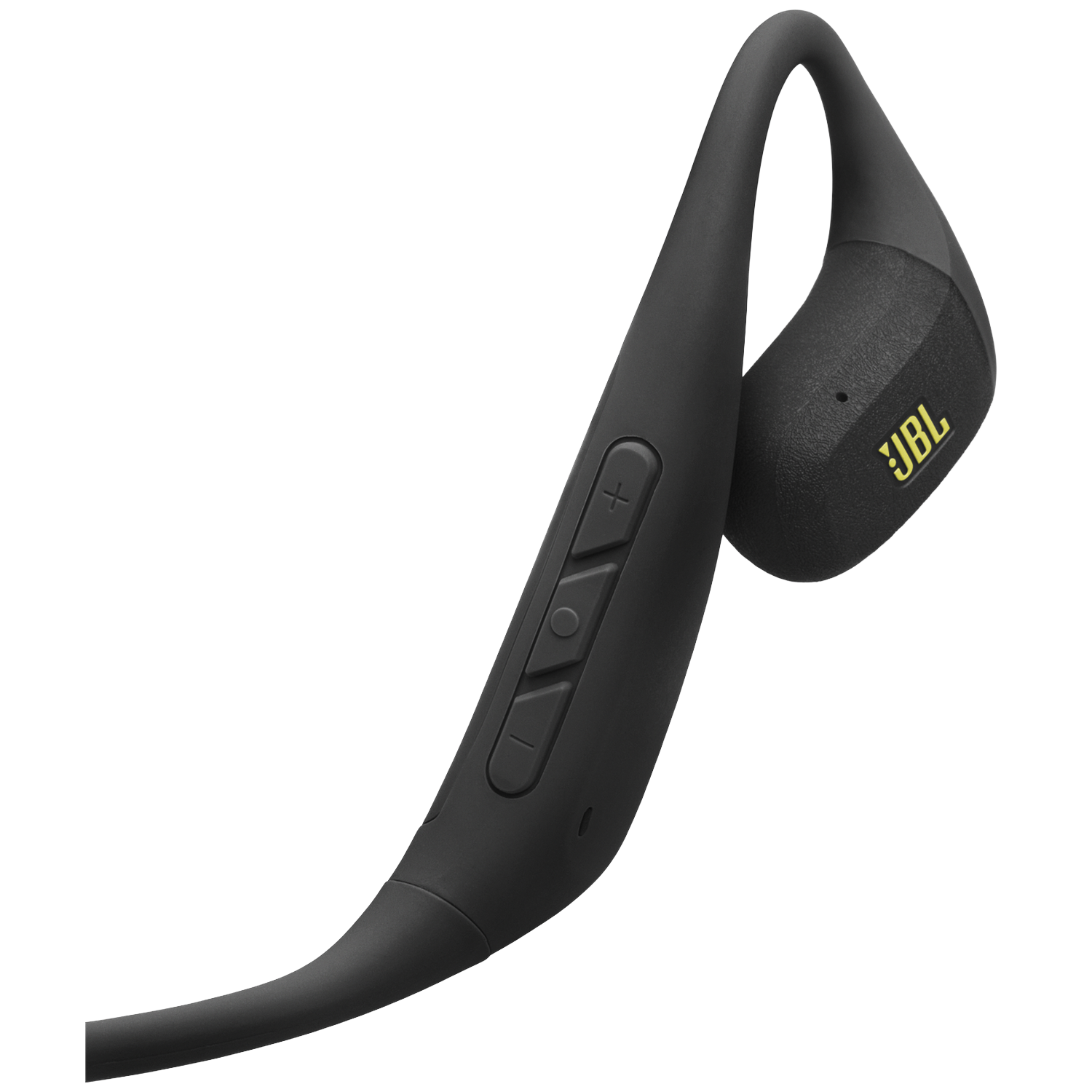 Zwarte JBL draadloze oordop met volumeknoppen op de band.