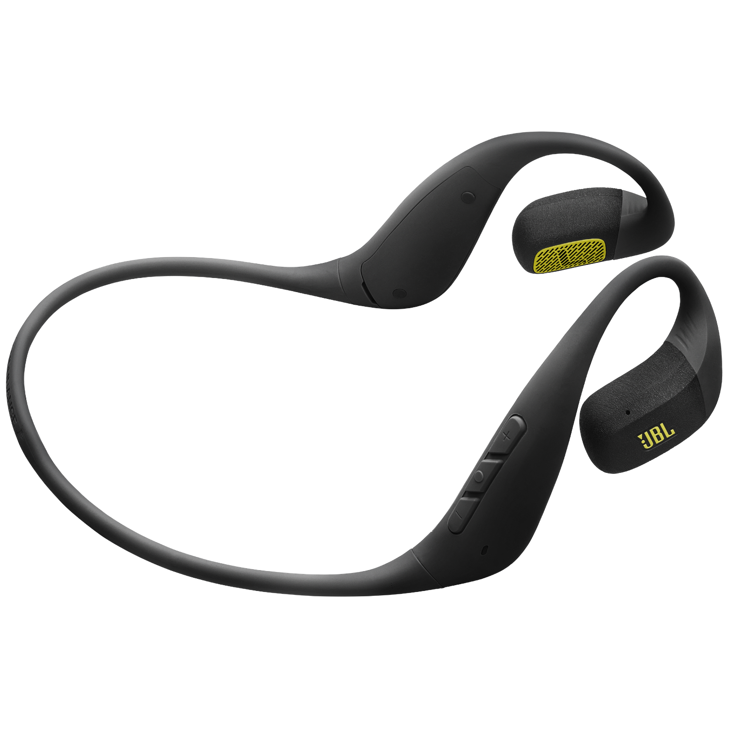Zwarte nekbandkoptelefoon met gele accenten en JBL-logo.