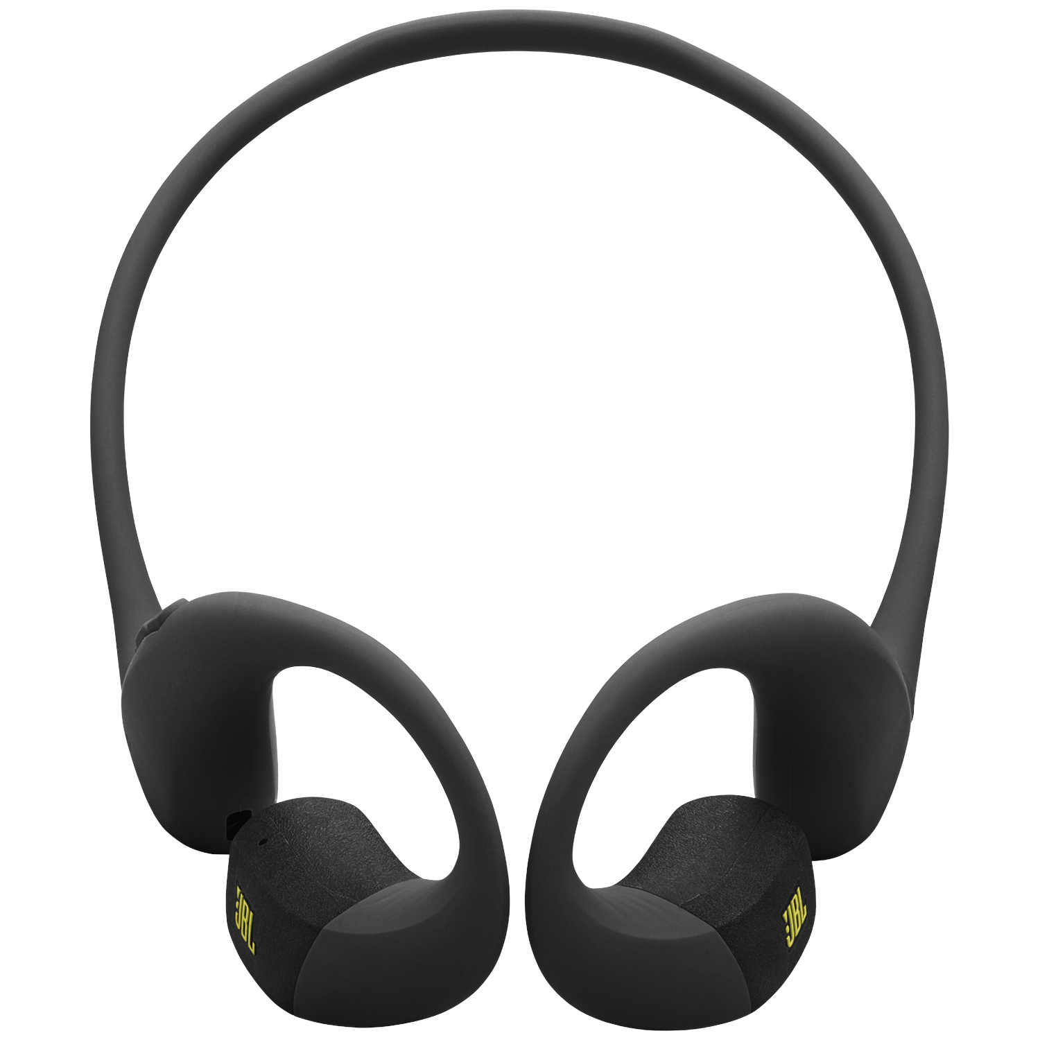 Zwarte JBL koptelefoon met geel logo en oorhaken.
