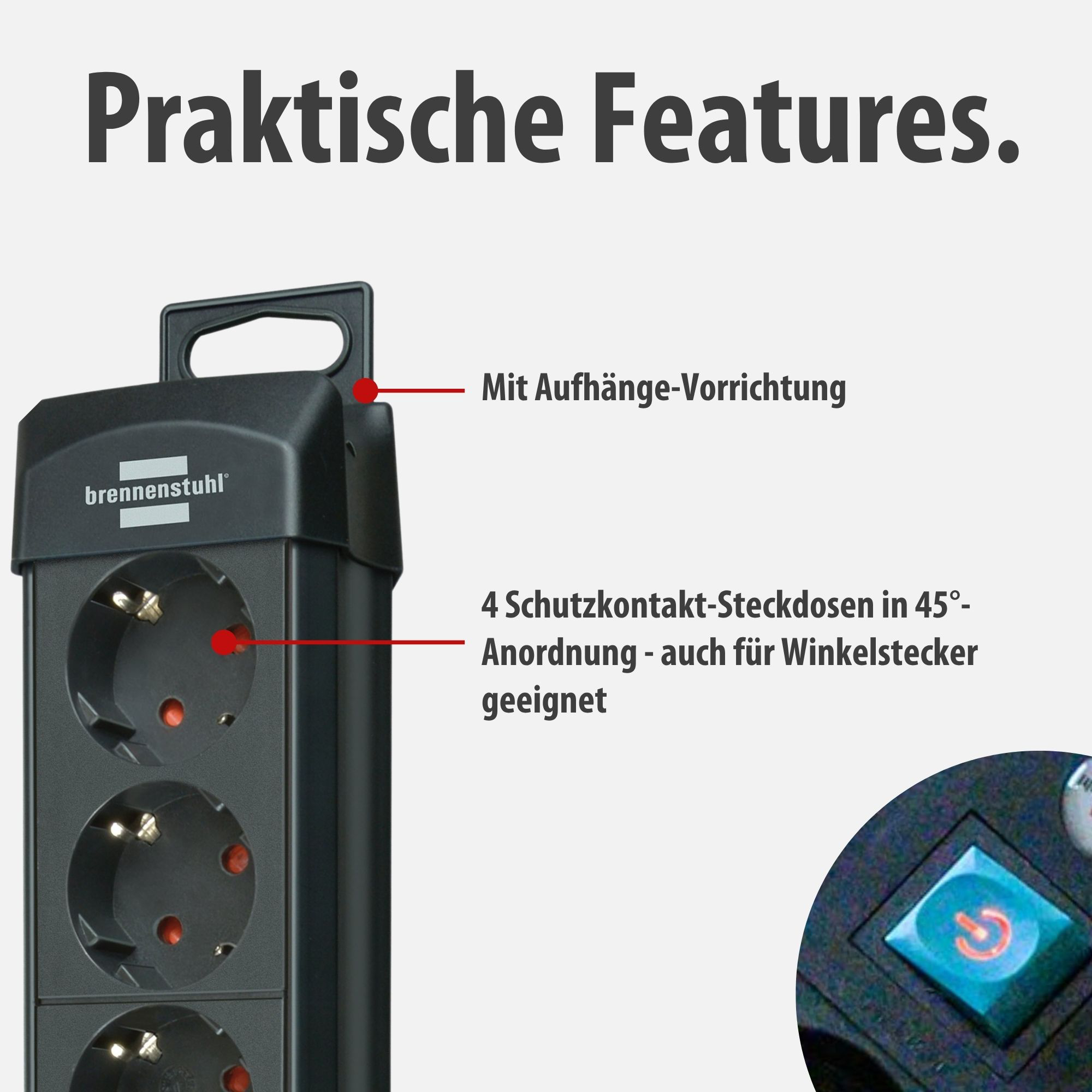 Schwarzer Mehrfachstecker mit 4 Steckdosen in 45°-Anordnung und Aufhängevorrichtung.
