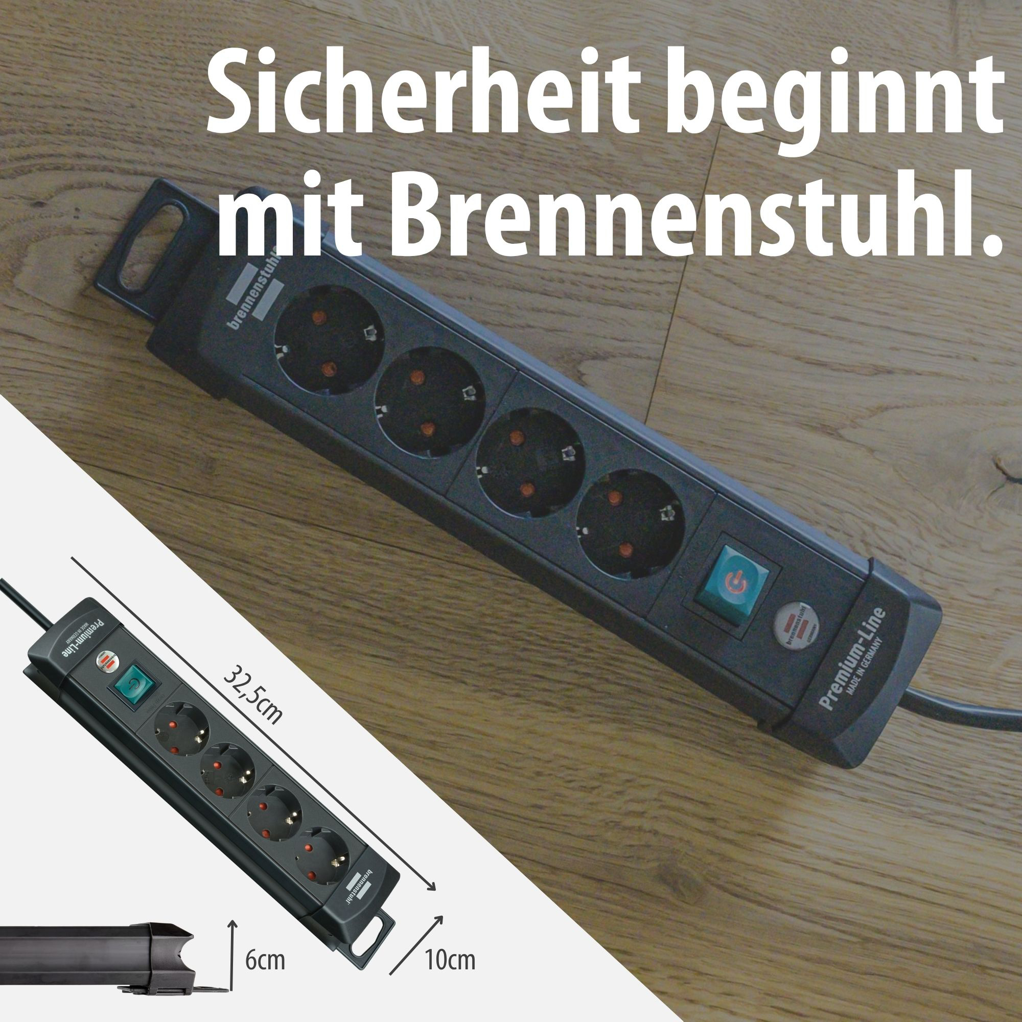 Eine dunkelgraue Steckdosenleiste mit mehreren Steckplätzen und einem Schalter auf Holzboden.