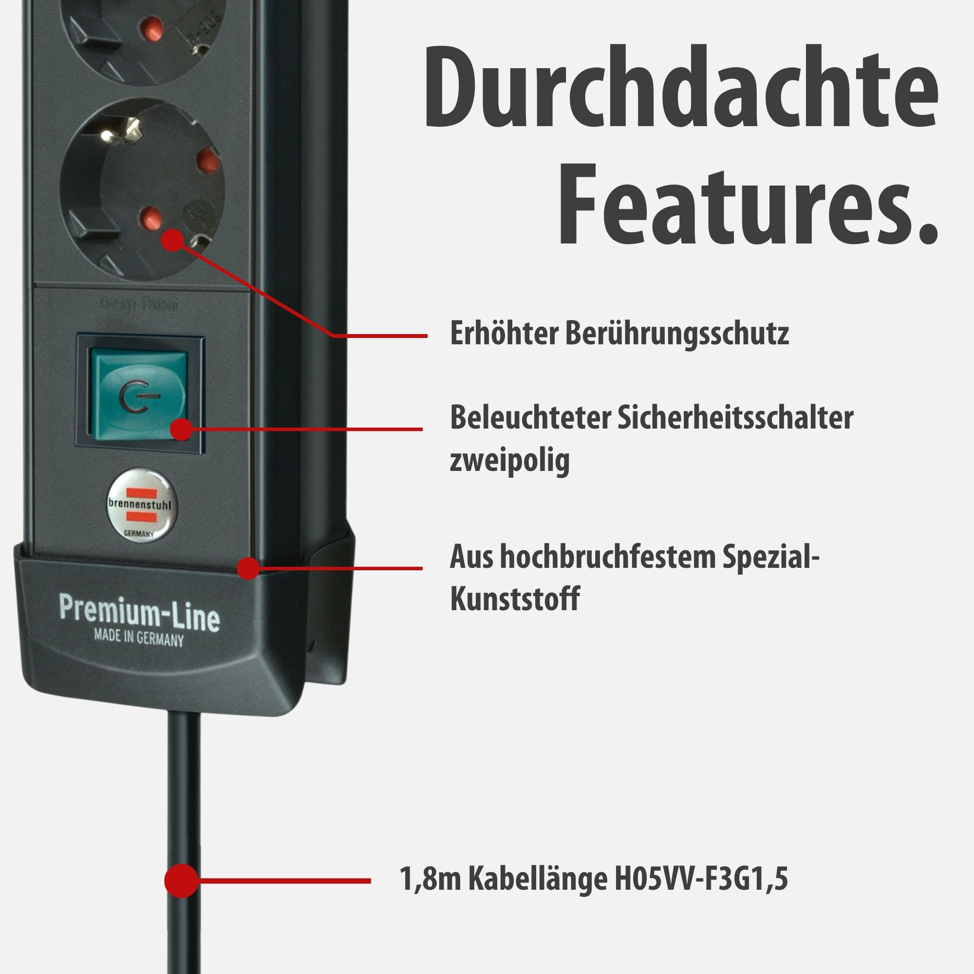 Schwarzer Mehrfachsteckdosenleiste mit roten Markierungen, die Features hervorheben.