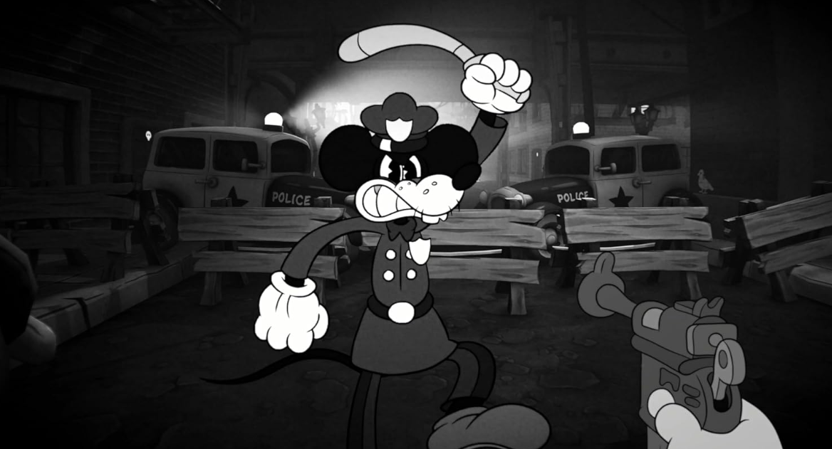 Ein Cartoon-Maus-Polizist schwingt einen Schlagstock und blickt auf eine Waffe. Polizeiautos sind sichtbar.