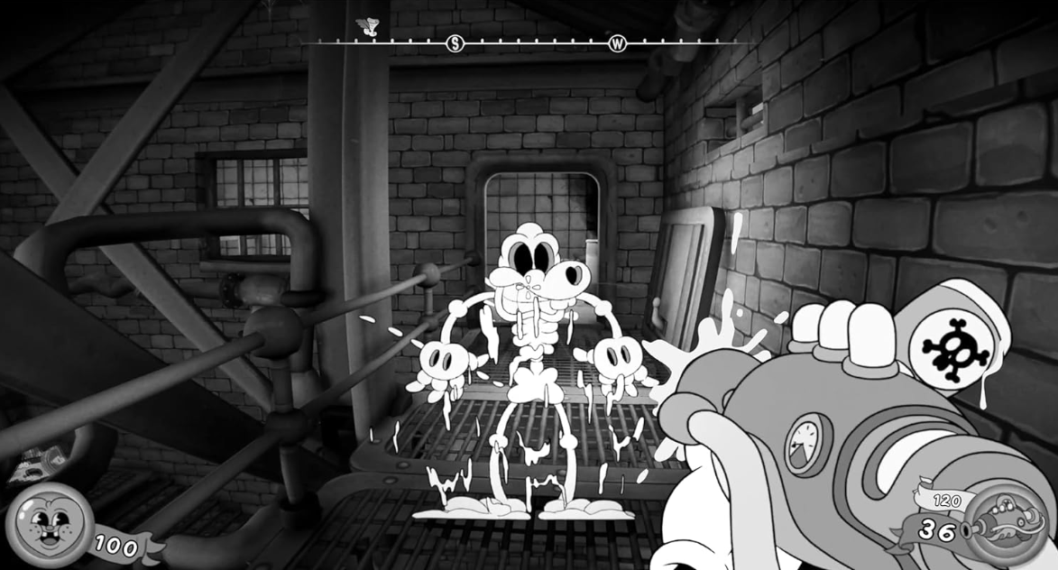 Ein Cartoon-Skelett steht in einer Fabrik mit Rohren und Ziegelmauern. Von vorne ist eine Waffe zu sehen.