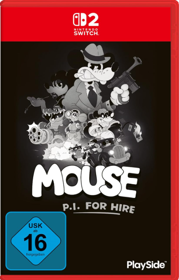 Maus P.I. for Hire Cover: Charaktere im Film Noir-Stil, Nintendo Switch-Logo, USK 16.
