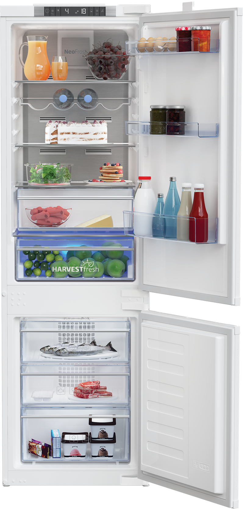 Un refrigerador abierto con alimentos como pastel, frutas, verduras, pescado y helado.