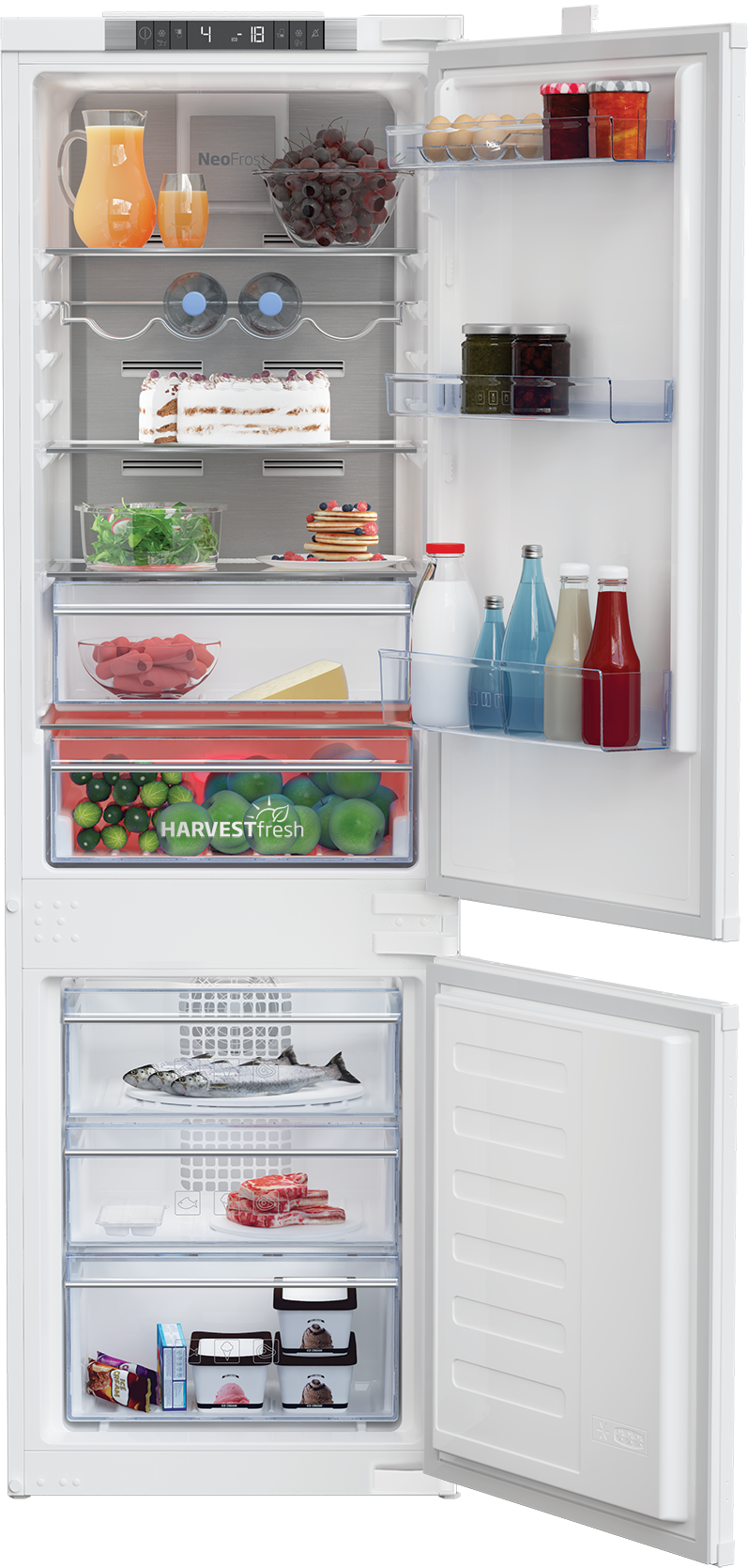 Un frigorífico abierto lleno de comida: tarta, fruta, verduras, pescado, carne, helado.