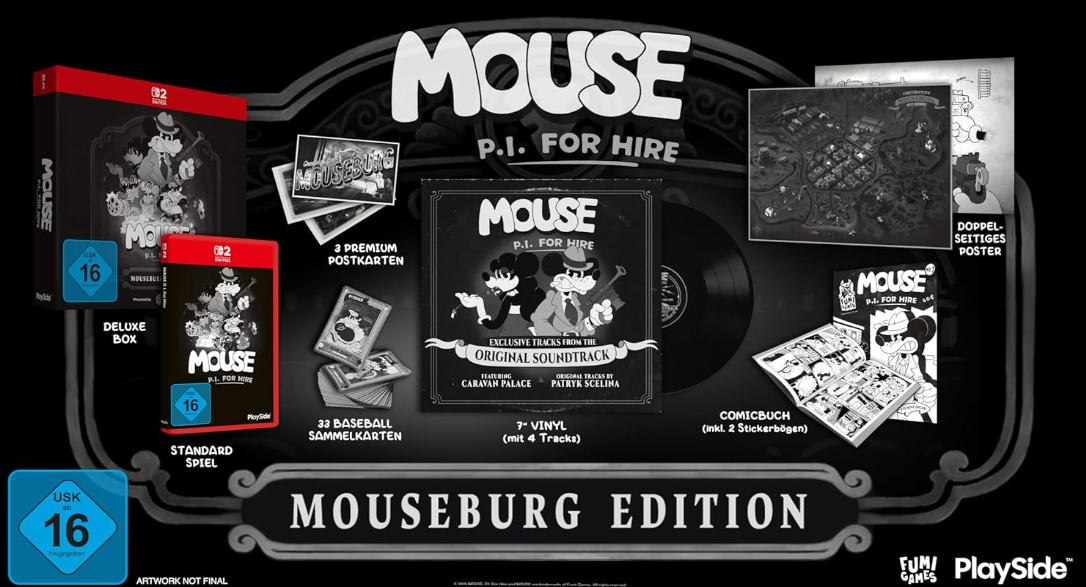 Die "MOUSEBURG EDITION" enthält ein Spiel, Soundtrack-Vinyl, Postkarten, Sammelkarten, Comic und Poster.