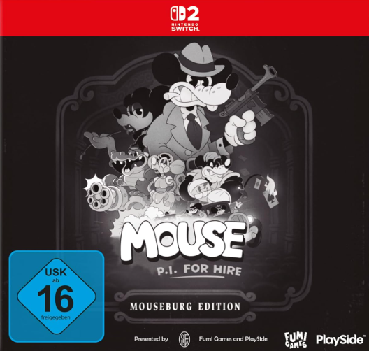 Maus im Film-Noir-Stil mit Waffe, umgeben von anderen Charakteren. Nintendo Switch-Logo.