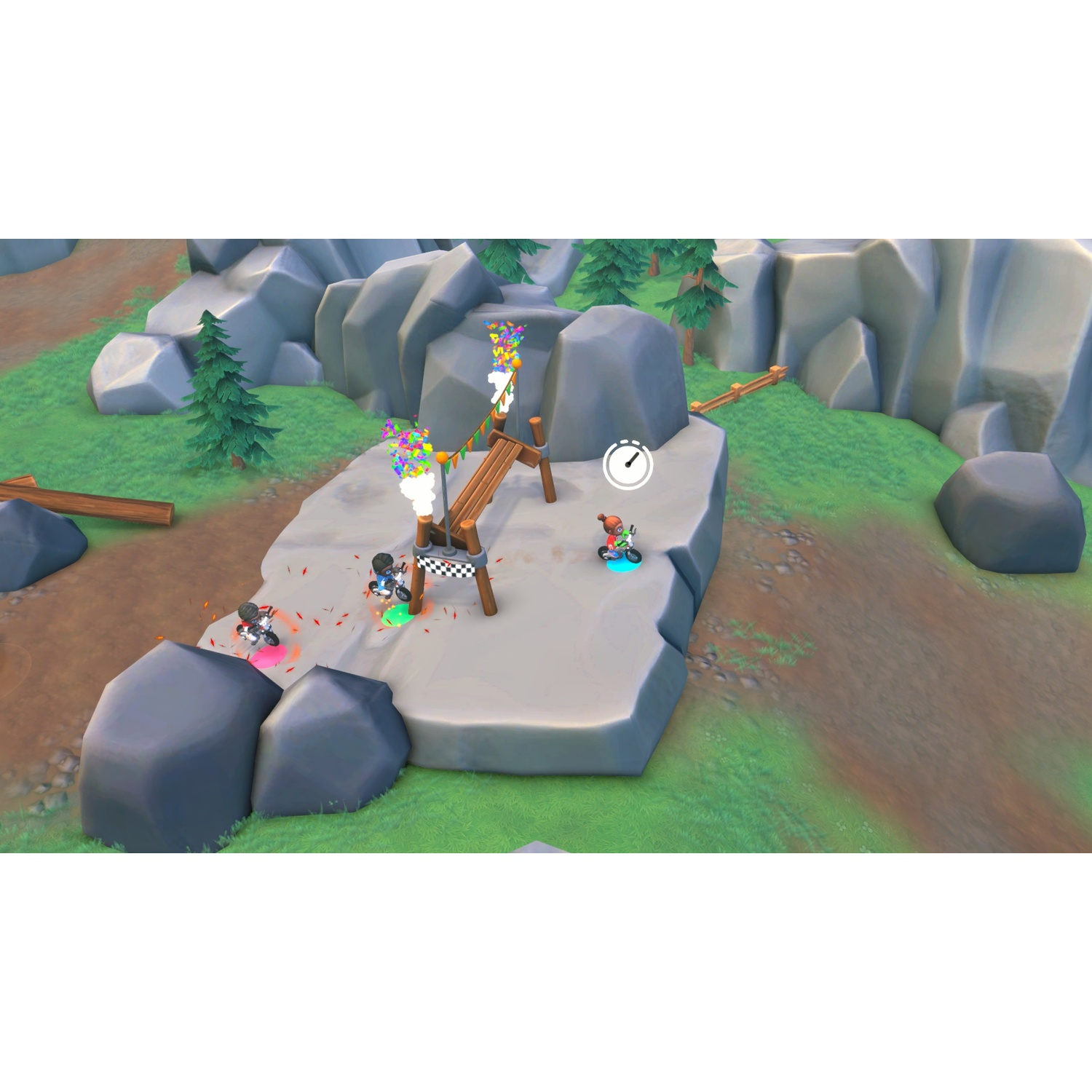 Several figures on motorcycles race around a mountain with colorful balloons and flags.