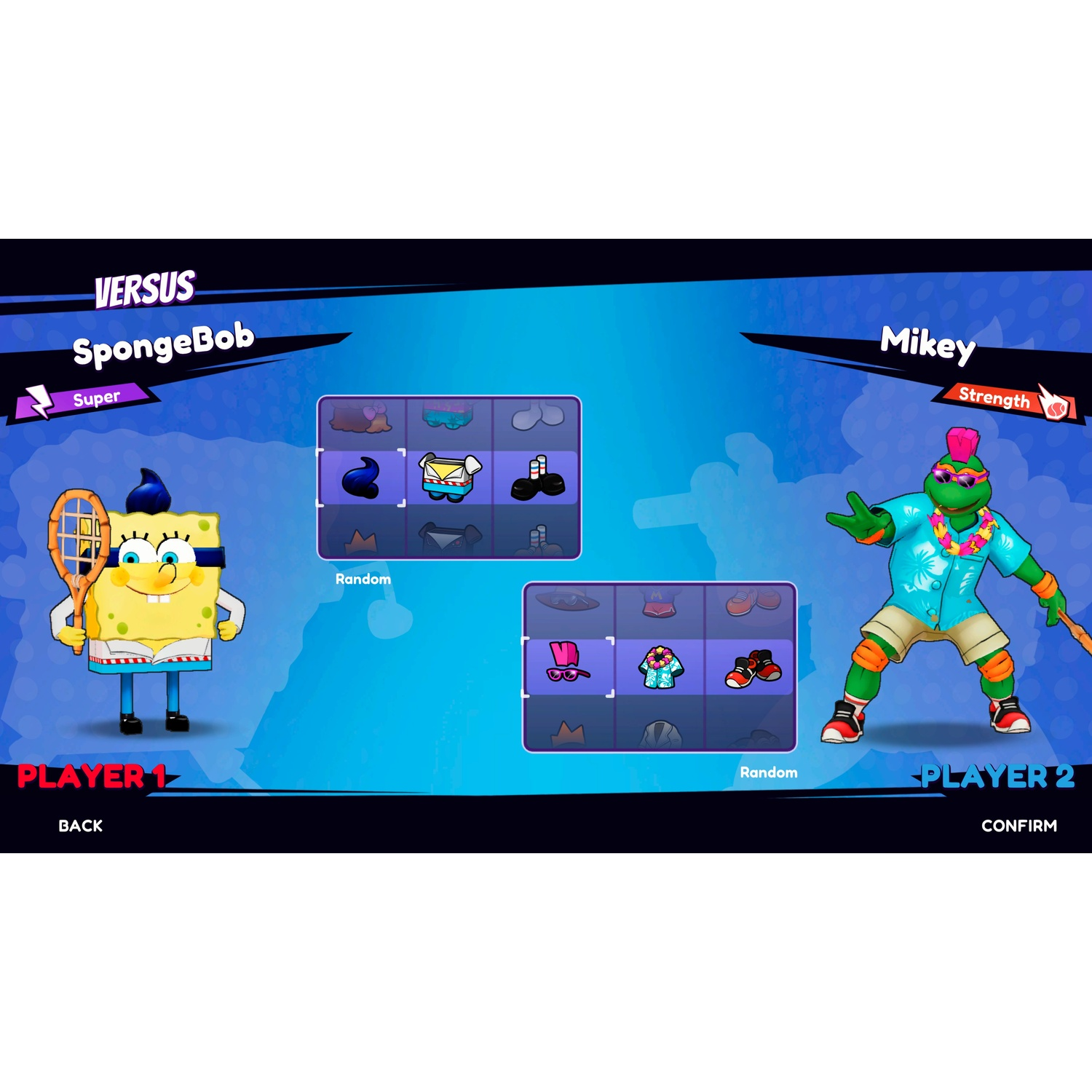 SpongeBob en Mikey personages klaar voor gevecht. Aanpassingsopties getoond.