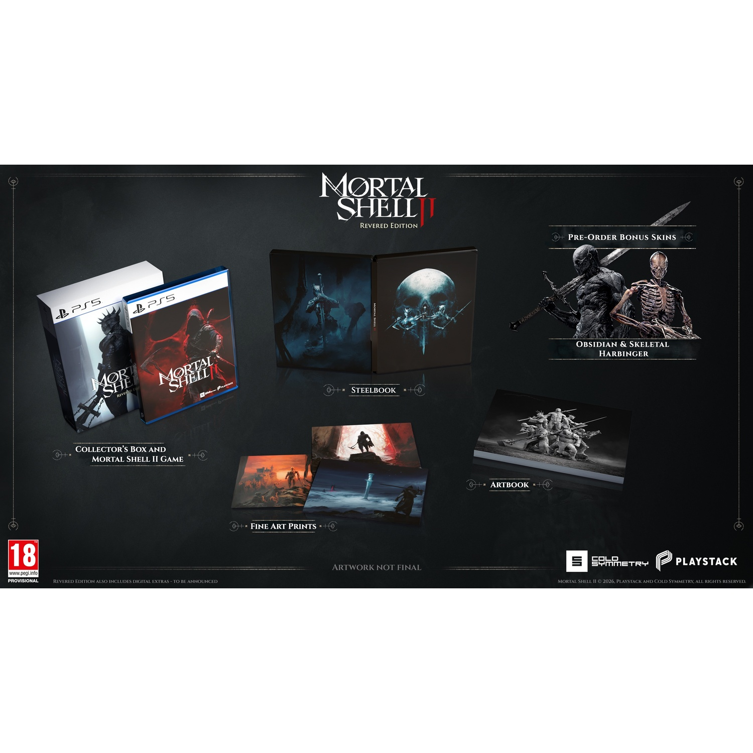 Mortal Shell Revered Edition inhoud: PS5-game, steelbook, artbook, prints, bonus skins.