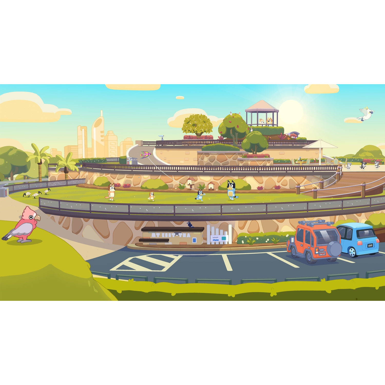 Cartoon landscape with dogs, birds, cars, and buildings in the background.
