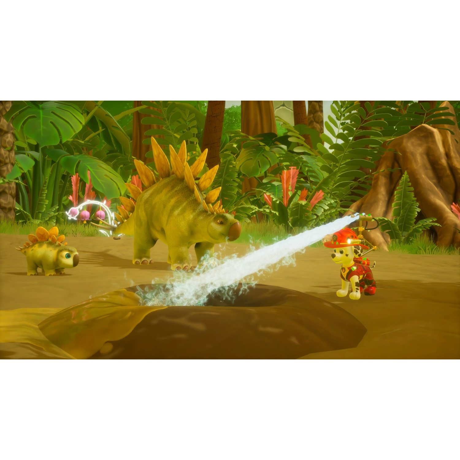 A dog in uniform sprays water on a dinosaur in a jungle setting.